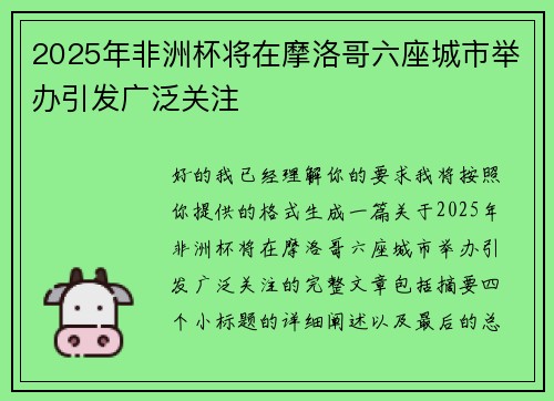 2025年非洲杯将在摩洛哥六座城市举办引发广泛关注